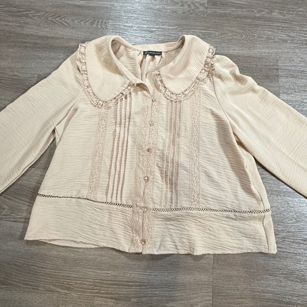 Adrianna Papell Womens Beige Lace Trim Peter Pan Collar Pleated Blouse M